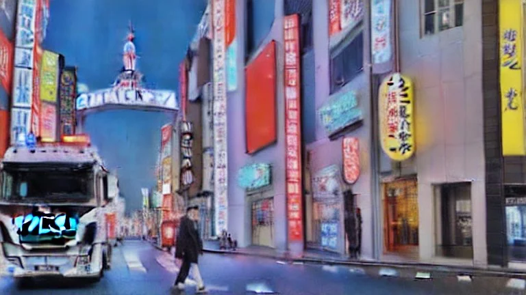 A police Tesla Cybertruck is chasing a Tesla 'Model S Plaid' at top speed, across the 'Universal Studios Japan', in Osaka. CINEMATIC. WIDE ANGLE LENS. PHOTO REAL.