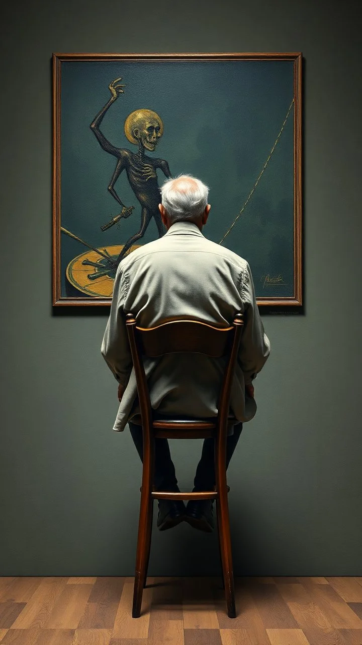 Bosch painting style a rear of view of an old man sitting on a high chair facing a a surrealism picture of Dali time on the wall , show from the back of the picture in 3D