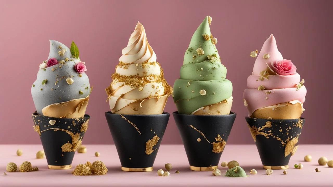 A set of ice cream cones featuring unusual flavors like black sesame, matcha with white chocolate pearls, and rose with pistachio shards. Each cone is topped with a decorative, edible gold leaf and served in a handcrafted ceramic holder. Ultra Realism, beautiful intricate insanely detailed octane render, 5d, 16k, artistic photography, perfect light, chiaroscuro, award-winning photograph, masterpiece, rule of thirds, 35mm lens, adjust perspective