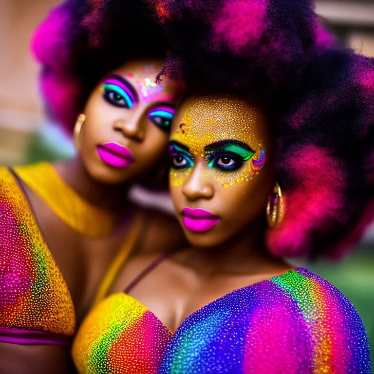 full body shot, masterpiece, best quality, family of three, black skinned, sparkling eyes, fluorescent skin, colorful makeup, afro, highly detailed body, afrofuturism, scifi, sun light, 4K, RAW, depth of field, high contrast, realistic details, 24mm