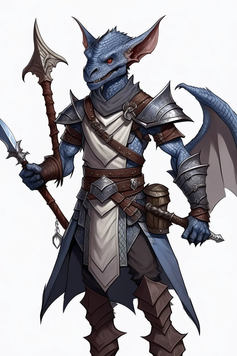 Kobold from dnd, dragon horns, grey diamond - shaped scales, magic book on the belt, leather armor