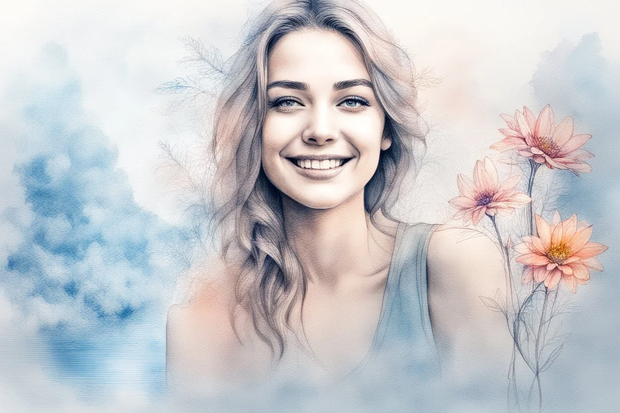 A Smiley gorgeous woman stunning drawn on paper by blue dry ink pen sketch, colored flowers beside paper. pastel colors double exposure: waterfall, misty morning, reflection, sunrise