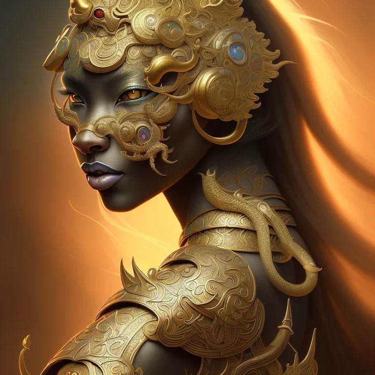 Sango fantasy, fantasy magic, intricate, sharp focus, illustration, highly detailed, digital painting, concept art, matte, art germ and Paul Lewin and Kehinde Wiley, masterpiece Indonesian lady head bronze tiger Asian African girl nice breast Hawaiian hair turquoise golden waves