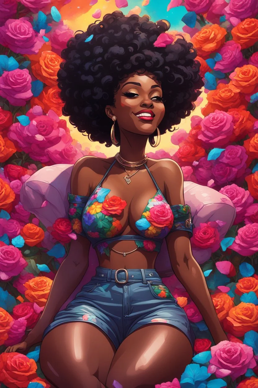 A sassy pop punk futurism art cartoon of a black female lounging lazily on her side, surrounded by colorful roses flower petals. Looking up coyly, she grins widely, showing teeth. Highly detailed black afro , regal expression.