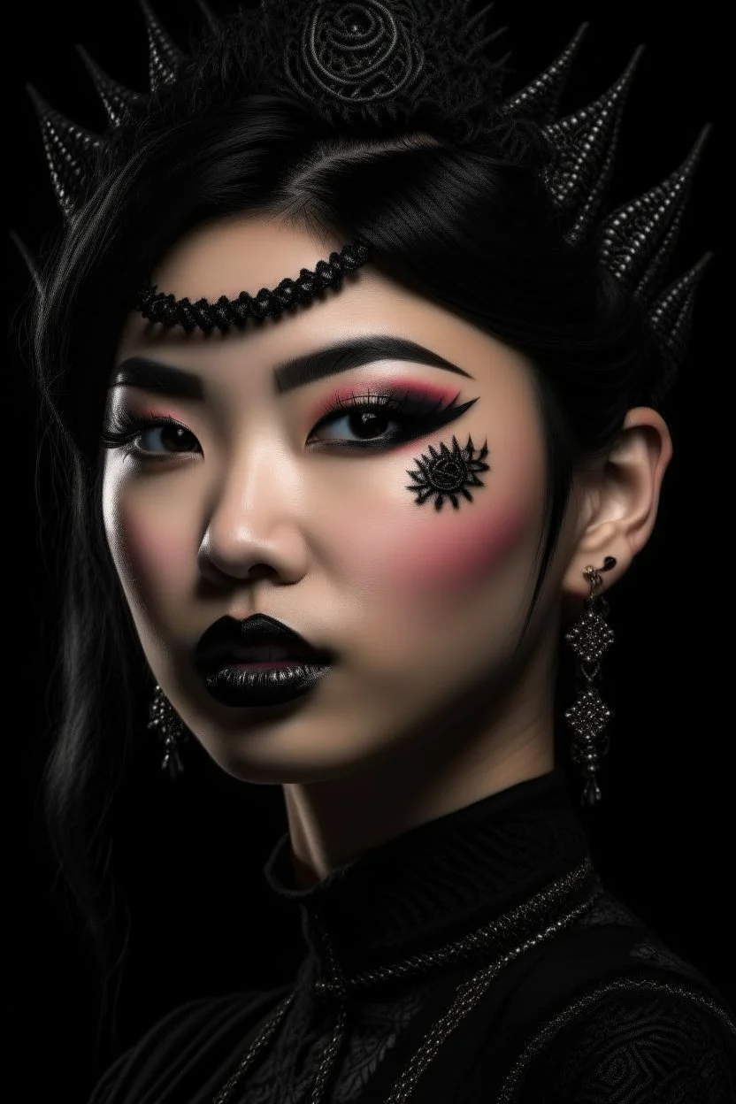 portrait of a fantasy asian goth woman, black makeup, black eyeline, black lipstick, fantasy style, realistic style, highly intrictae details, high quality, 8k