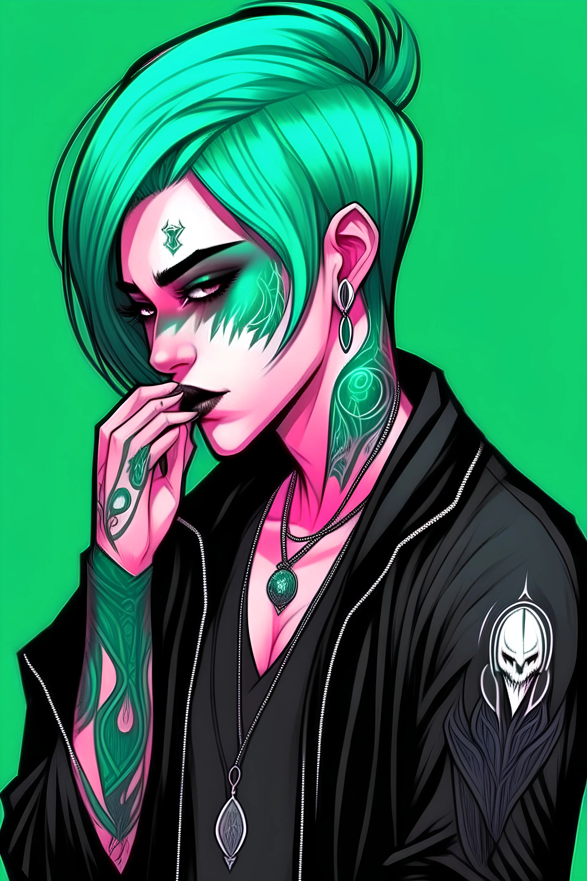 male character, tattoos, teal hair, occult, androgynous, grim reaper