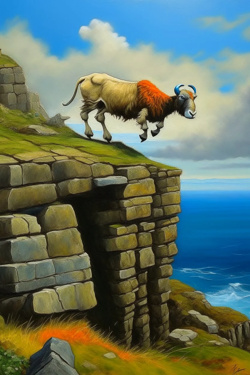 Big nose sheep cliff diver that is about to hit an ambolt, prize winning oil painting