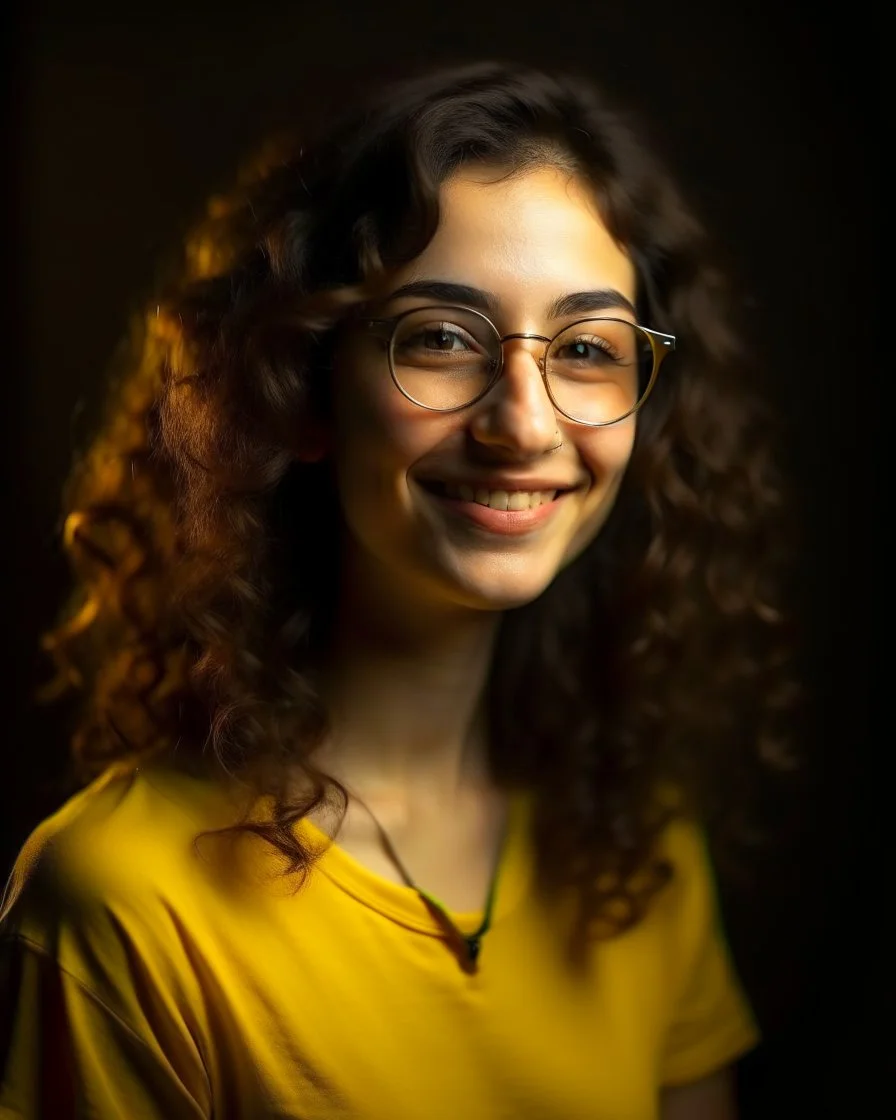 Jeune femme au sourire éclatant, longue et élancée, cheveux noirs, longs, bouclés et volumineux, porte de grandes lunettes rondes à la monture transparente. Nez fin et petit. Elle porte un t-shirt de couleur jaune moutarde avec une chemise florale transparente. Rembrandt style lighting, 8k, portrait, HD.