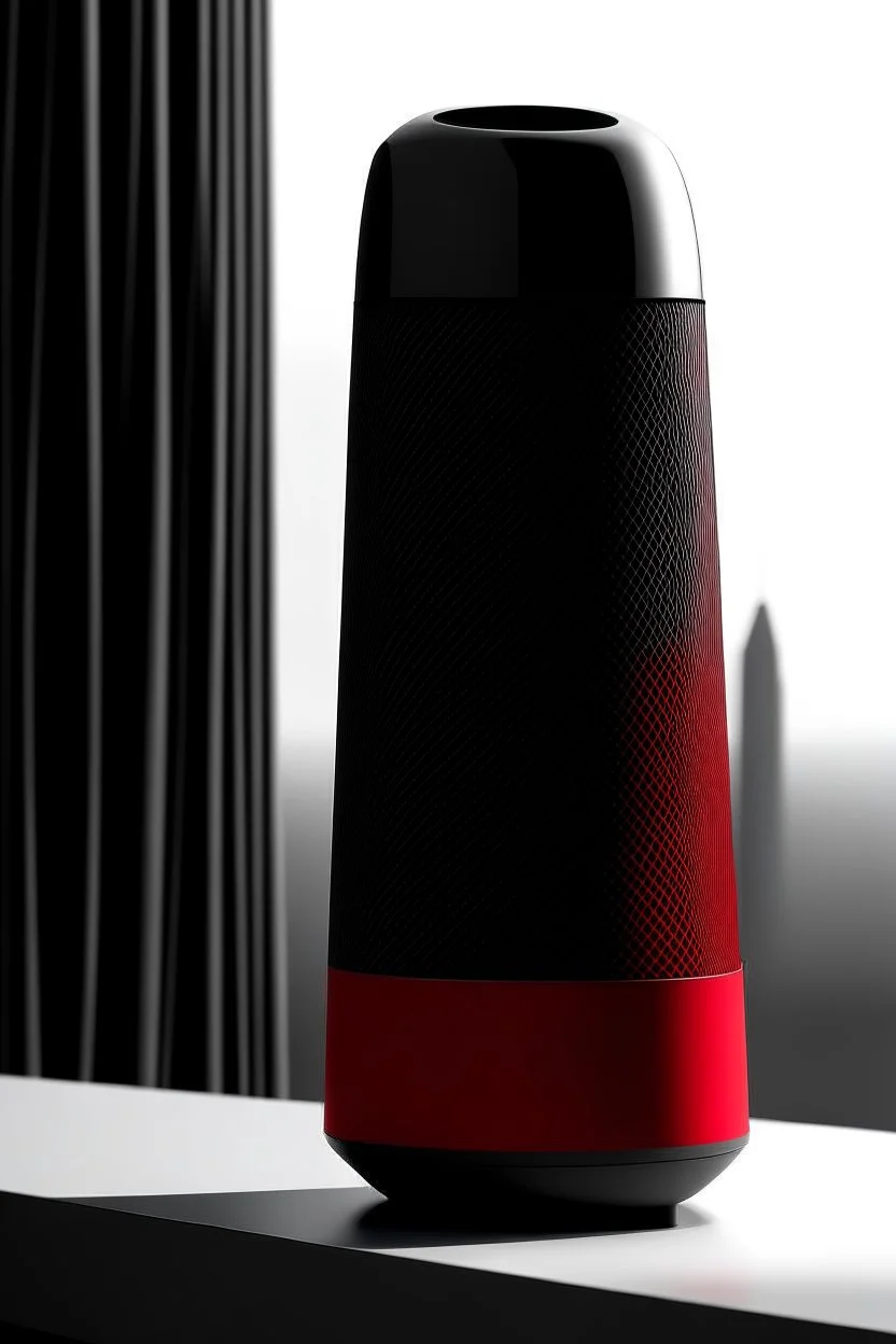 portable speaker, form inspired by Burj Khalifa, architecture form, modern design style and black and red color