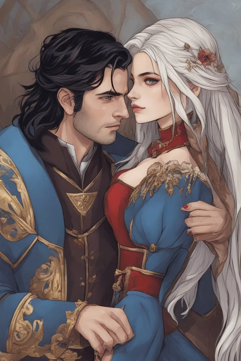 A couple from the dnd game curse of Strahd. The woman has long white hair and blue eyes, the man has LONG BLACK hair and red eyes, no facial hair. KISSING