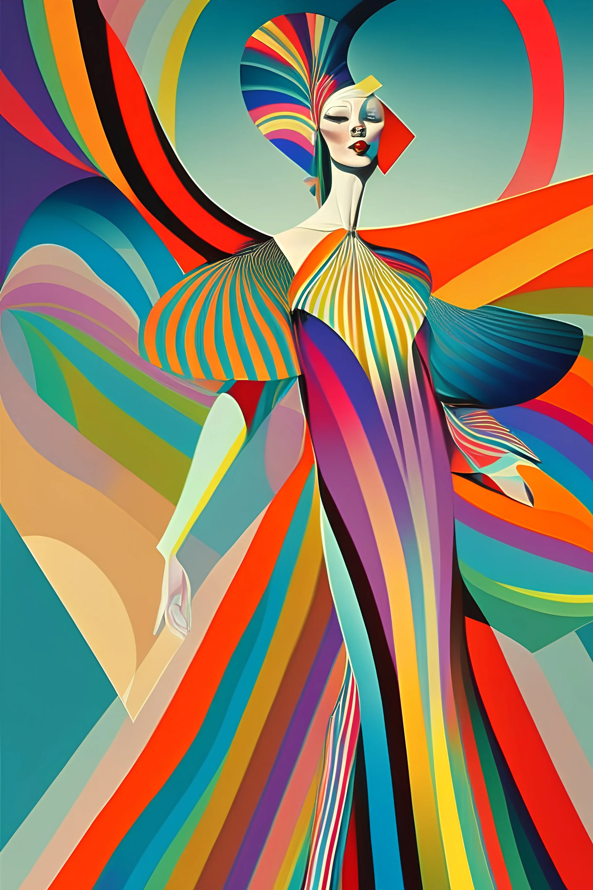 Woman dressed in rainbow prints style of erte