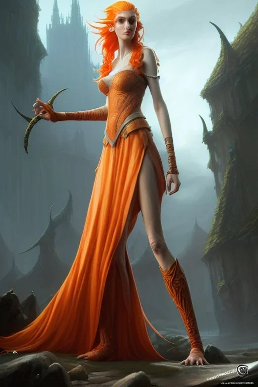 painting of a tall elven young woman with short light orange hair and freckles on the cheak bones and tall body of a topmodel light clothes, long shot, ultra realistic, concept art, intricate details, eerie, highly detailed, photorealistic, octane render, 8 k, unreal engine. art by artgerm and greg rutkowski and charlie bowater and magali villeneuve and alphonse mucha