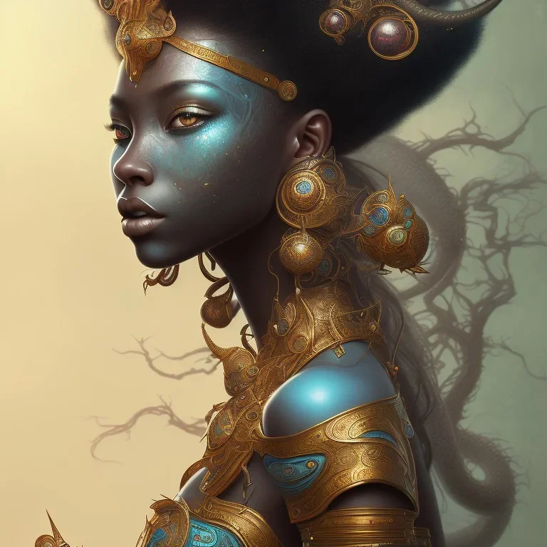 sango fantasy, fantasy magic, intricate, sharp focus, illustration, highly detailed, digital painting, concept art, matte, masterpiece head sexy view black African beauty black afro hair space lady turquoise one head dragon skin Asian princess facing forward