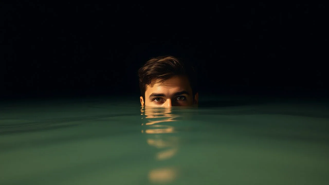 A Young Man Humorously Looking Straight With Only His Head And Beautiful Eyes Are Appearing From The Surface Of The Water At Dark Night Showing Dramatic And Cinematic Ambiance.