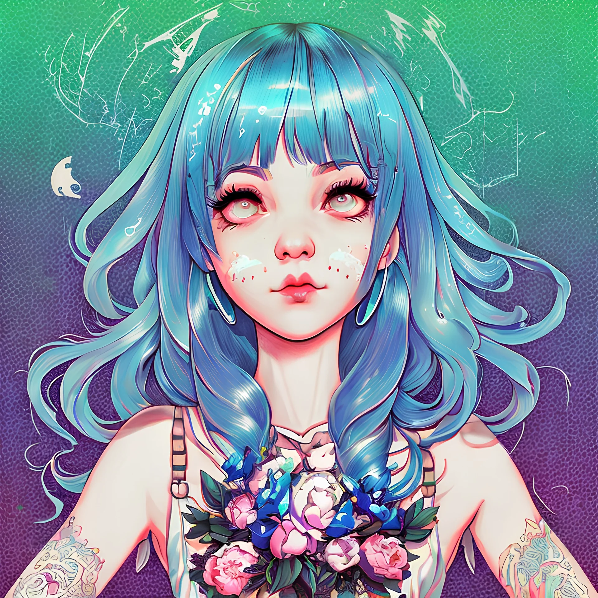 singer Melanie Martinez face, beautiful cyberpunk huge girl, hyperdetailed, illustration by Katsushika Hokusai, darkblue tones,