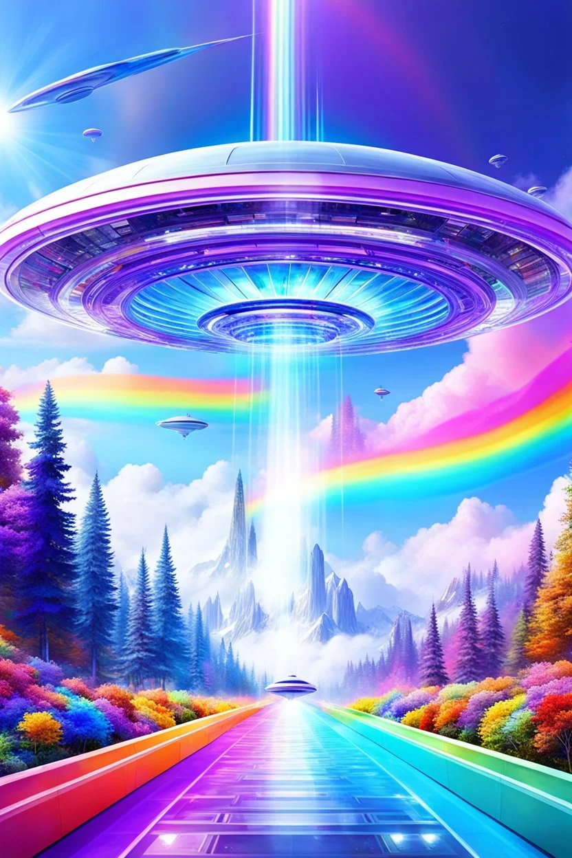 Ufo rainbow, futuriste ultra moderne,heaven,crystal very beautiful city,nature forest flowers colors