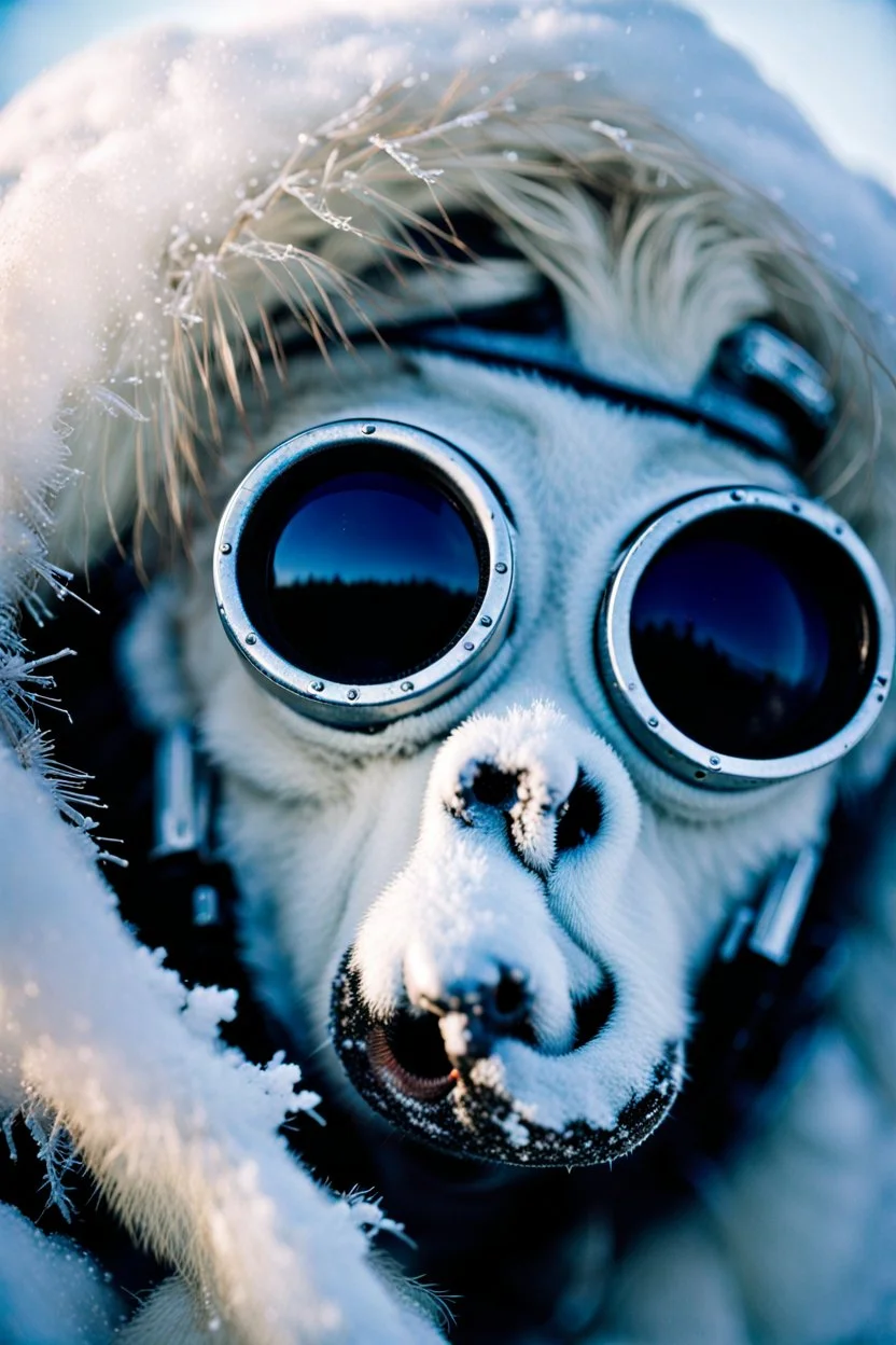 close up documentary photography, Yeti, weird, Dystopian, Japanese, Extreme depth of field, bokeh blur, winter, blizzard, Alberta, all-natural, in the style of candid, imperfection, natural lighting, light-focused, Professional shot, shot on Agfa, Fuji Film, Anamorphic lens, 1980s, taken with Hasselblad --ar 4:5 --w 150 --style raw