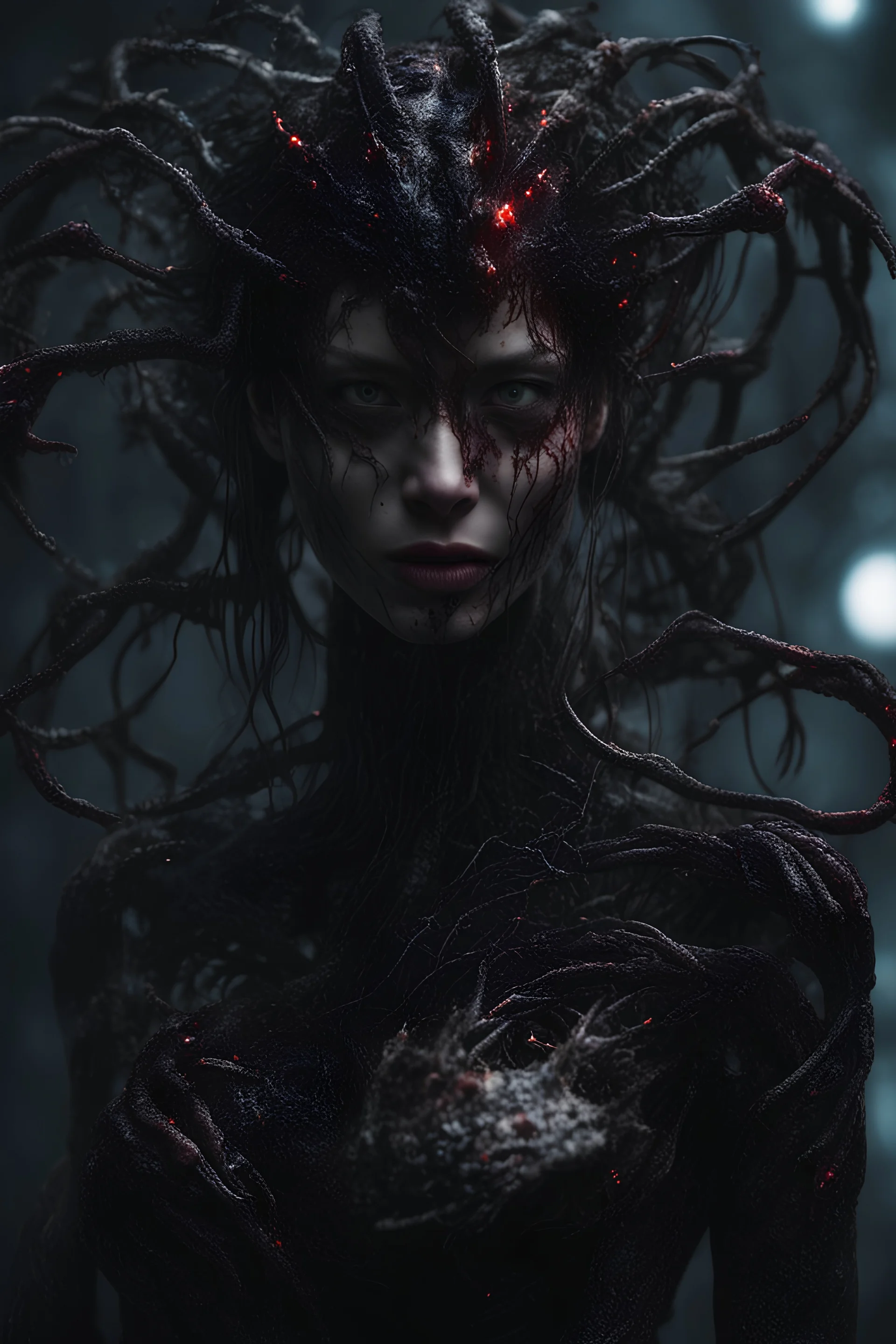 Demon girl, fullbody, creepy, horrifying, sinister, many worms parasite creature connected to the head, sparks around her, sparks cybernetic, intricate, 8k, macro photography,