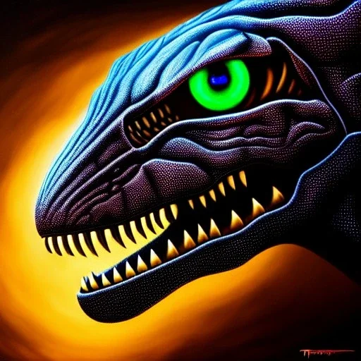 ultra detailed fullbody Portrait in oil on canvas of Dinobot T-rex ,extremely detailed digital painting, extremely detailed face,crystal clear Big Glowing eyes, mystical colors , perfectly centered image, perfect composition, rim light, beautiful lighting, 8k, stunning scene,extremely sharp detail, finely tuned detail, ultra high definition raytracing, in the style of robert e howard and pablo oliveira and Ken Kelley and Ohrai Noriyoshi and Simon Bisley and tom