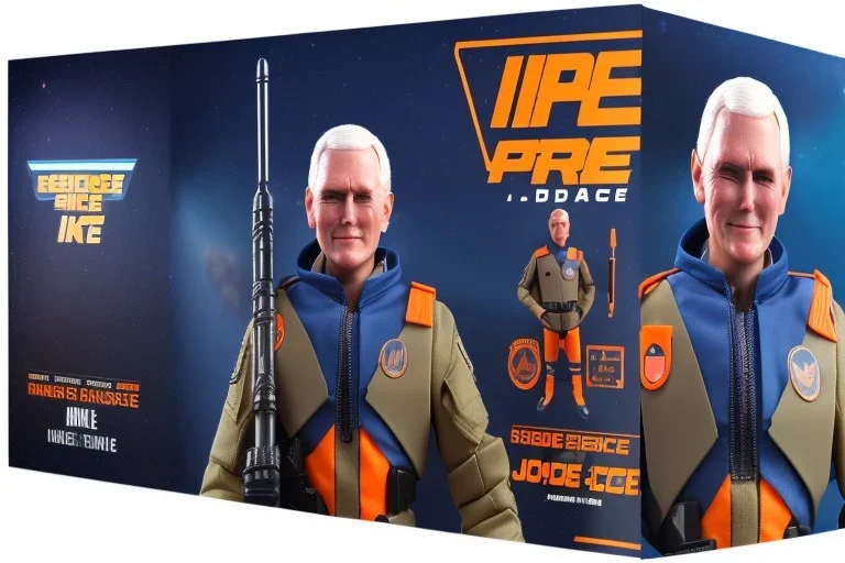 packaging label Mike pence g.i. joe toy doll space force uniform action figure, fluorescent orange