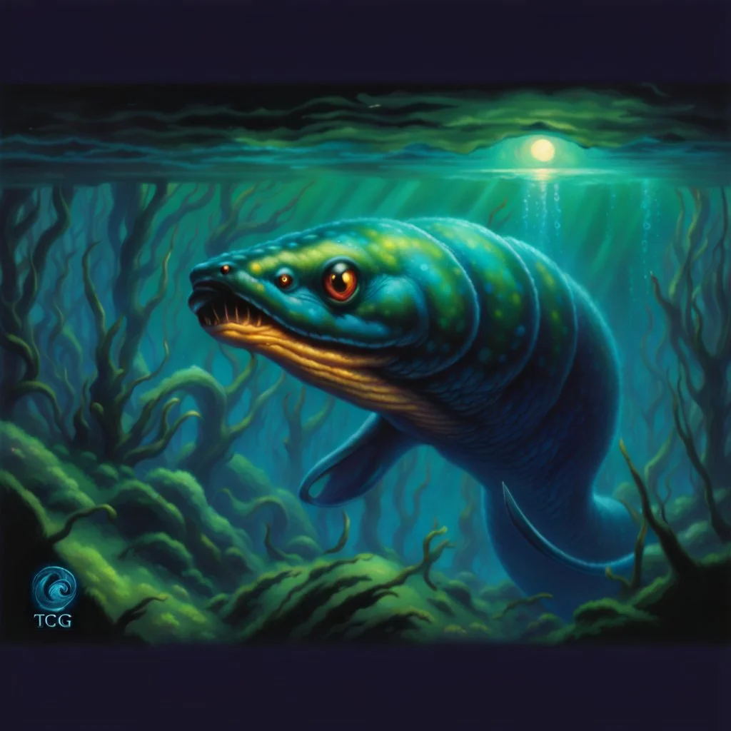 90's tcg fantasy art electric eel glowing eyes and underwater