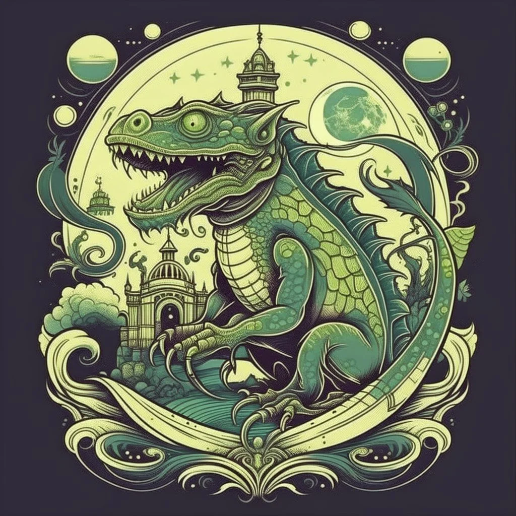 dark magical lizard with civilizations surrounding on the teeth, laborious farmers and family workers walking on the tongue, moon light, mystical vibes, alphonse mucha style