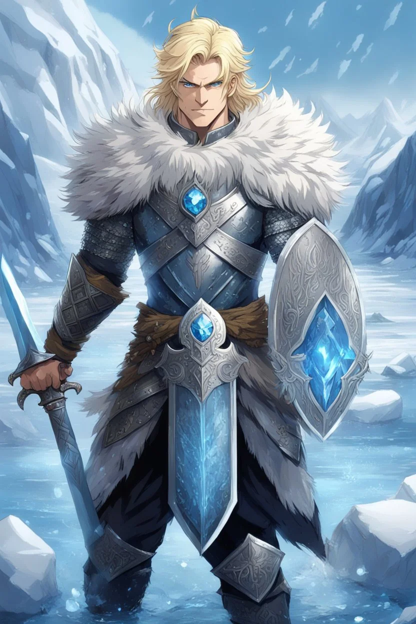 1 anime man. warrior, with blue eyes and blonde hair man in silver Viking armor with fur around the neck with blue crystal on his chest, standing in water in the artic, holding a ice sword and shield, warrior in, anime style