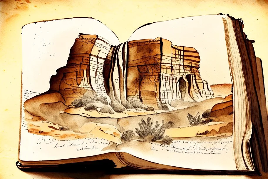 Petra Landscapes Carved Into Books S<AI watercolor and ink, sepia