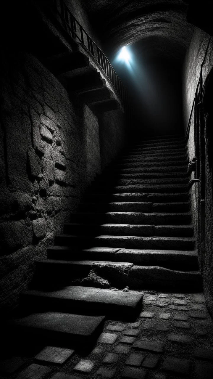 A stair from underground to another room with hooded shadow on the stair ,in darkness reigns supreme, swallowing light and casting an eerie gloom. Jagged rocks jut ominously, shadows dancing with unseen creatures. Sinister shapes glide, eyes gleaming in the murky depths. Distant rumblings and creaking sounds fill the water, sending shivers. In this desolate underworld, fear of the unknown pervades every corner, where the slightest movement evokes terror. It's a realm where nightmares manifest,