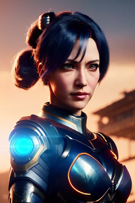 Middle age female Cyborg anime warrior, dark blue hair, graying hair, ponytail hairstyle, orange eyes, waist up portrait,4k resolution, intricate details, ornate details, soft lighting, vibrant colors, retroanime, masterpiece, intricate eyeliner, dark eyeshadow, futuristic cityscape background