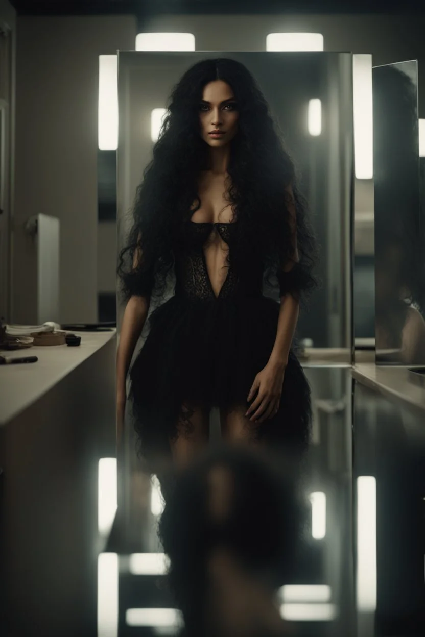 Close up of a beautiful woman with long curly black hair standing in front of a mirror, she doesn't see, but her reflection in the mirror is a dark demon with intense scary eyes looking back at her. Super realistic, 8k high quality