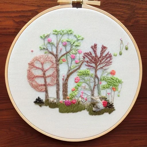 exquisite whimsical forest in embroidery hoop, intricate, highly detailed, linen and wood backdrop