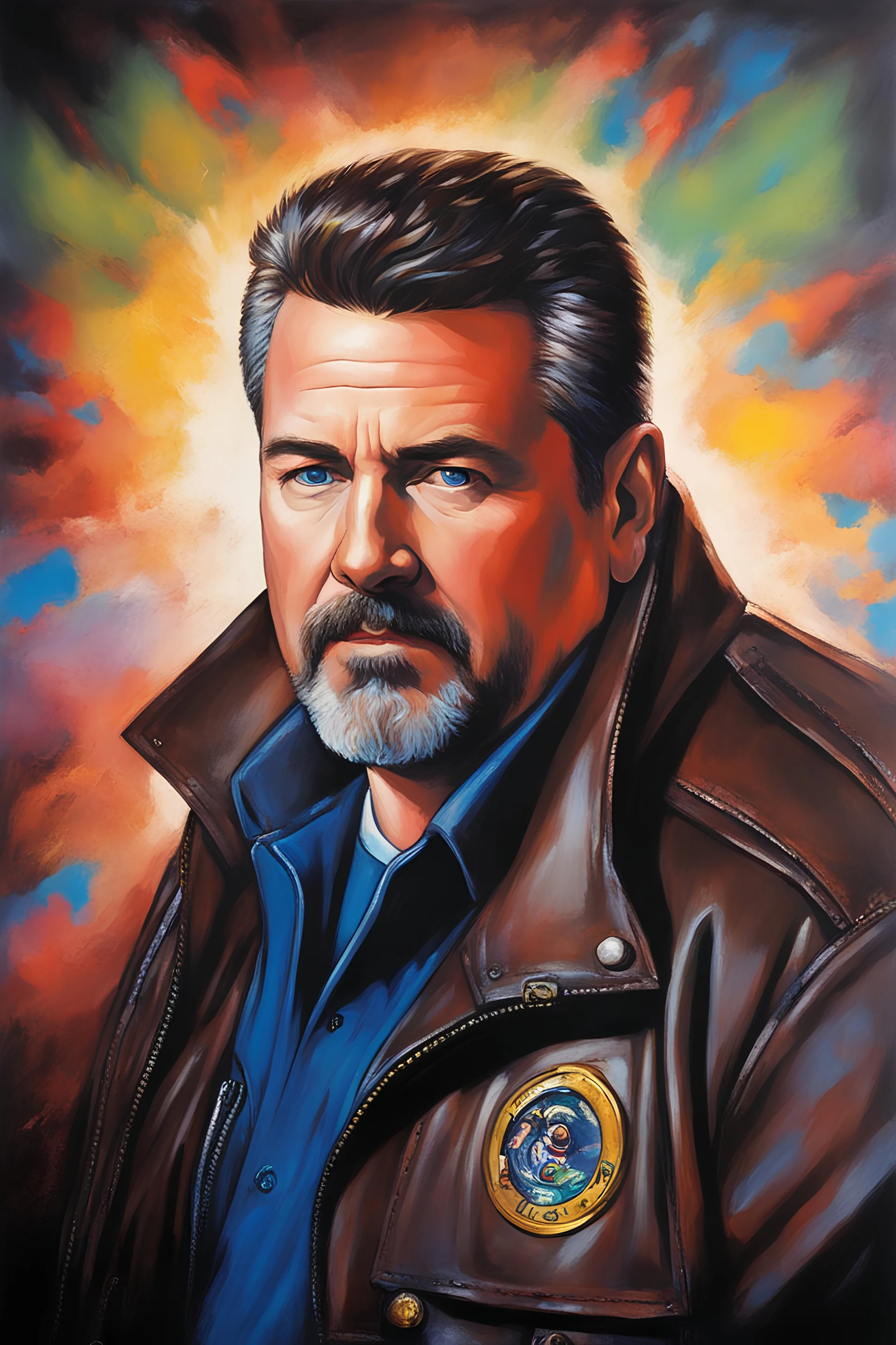 58-year-old Scott Alan Kendall with crew-cut dark brown hair tapered on the sides, gray goatee, bushy eyebrows, blue eyes, overweight, wearing a leather jacket - pitch black background with an overhead spotlight effect, extremely colorful, oil painting by Jim Lee