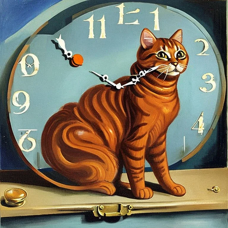 Orange longhairs cat with a clock, surrealism in the style of Salvador Dali