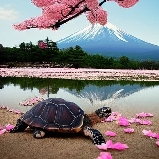 Turtle and Mount Fuji and cherry blossoms