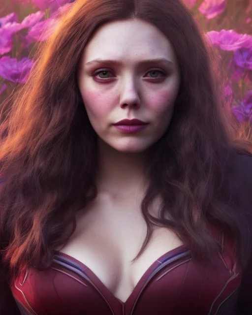 Feiticeira escarlate, Elizabeth Olsen, feiticeira, magia, rosto detalhado belo, bonita, cenário em um campo de flores, cinematográfico, dramático, por do sol, campo de flores, cores frias