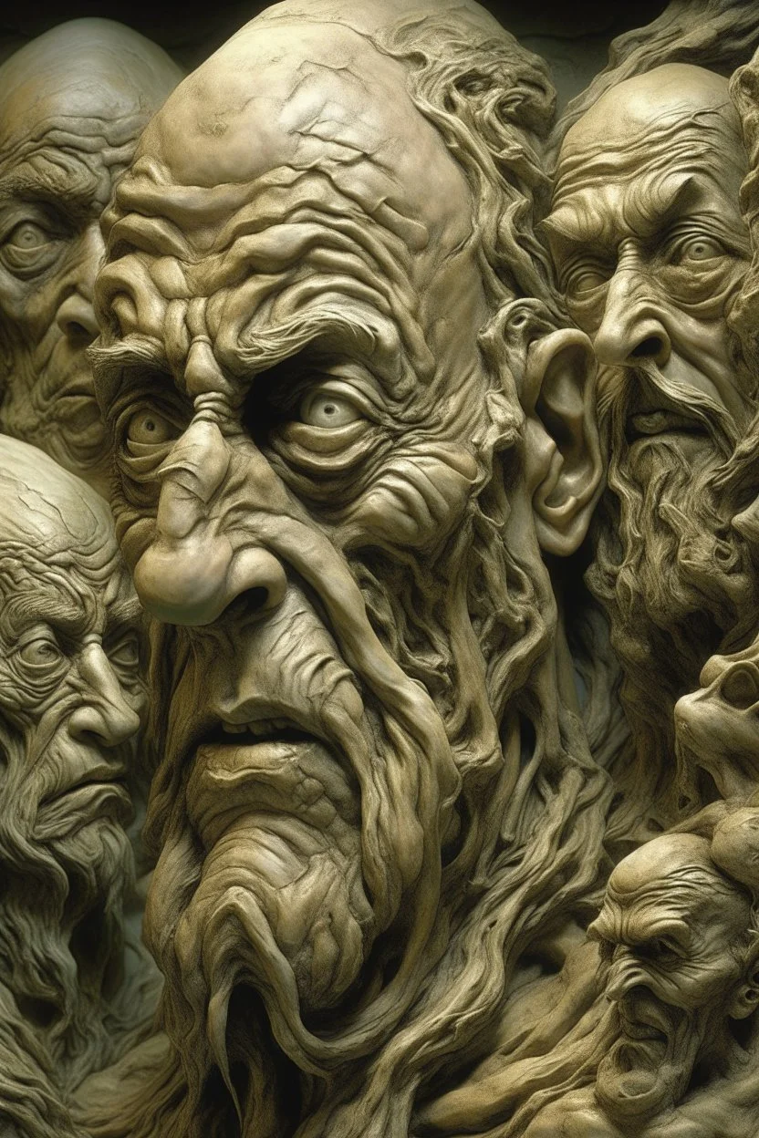 sculpture of a old man , Multiple faces . decayed and rotting with grotesque proportions and imagery. abstract grotesqueries, detailed texture, surreal horror, biomechanical design, by hr giger and beksinski