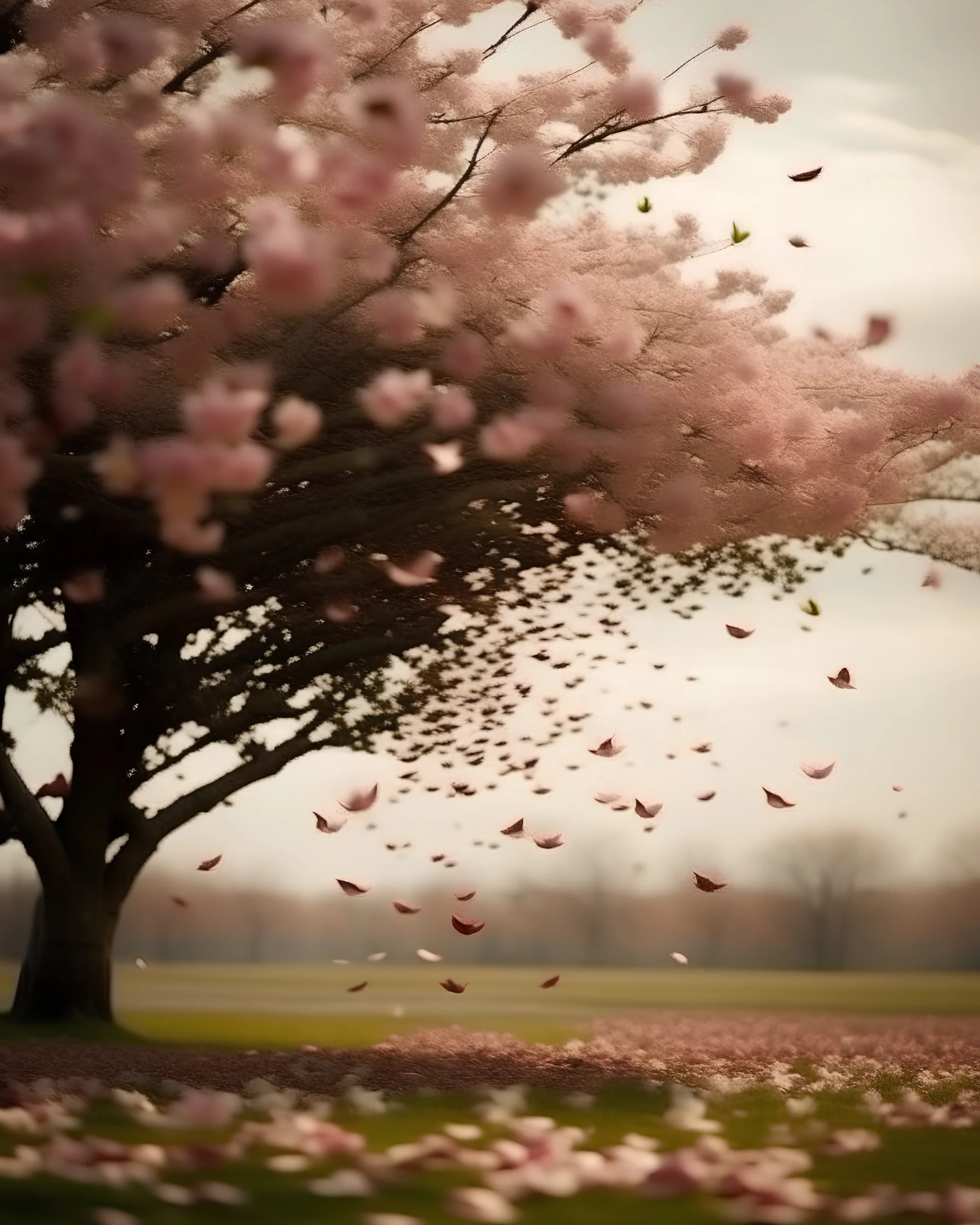 Tree, Cherry petals flying