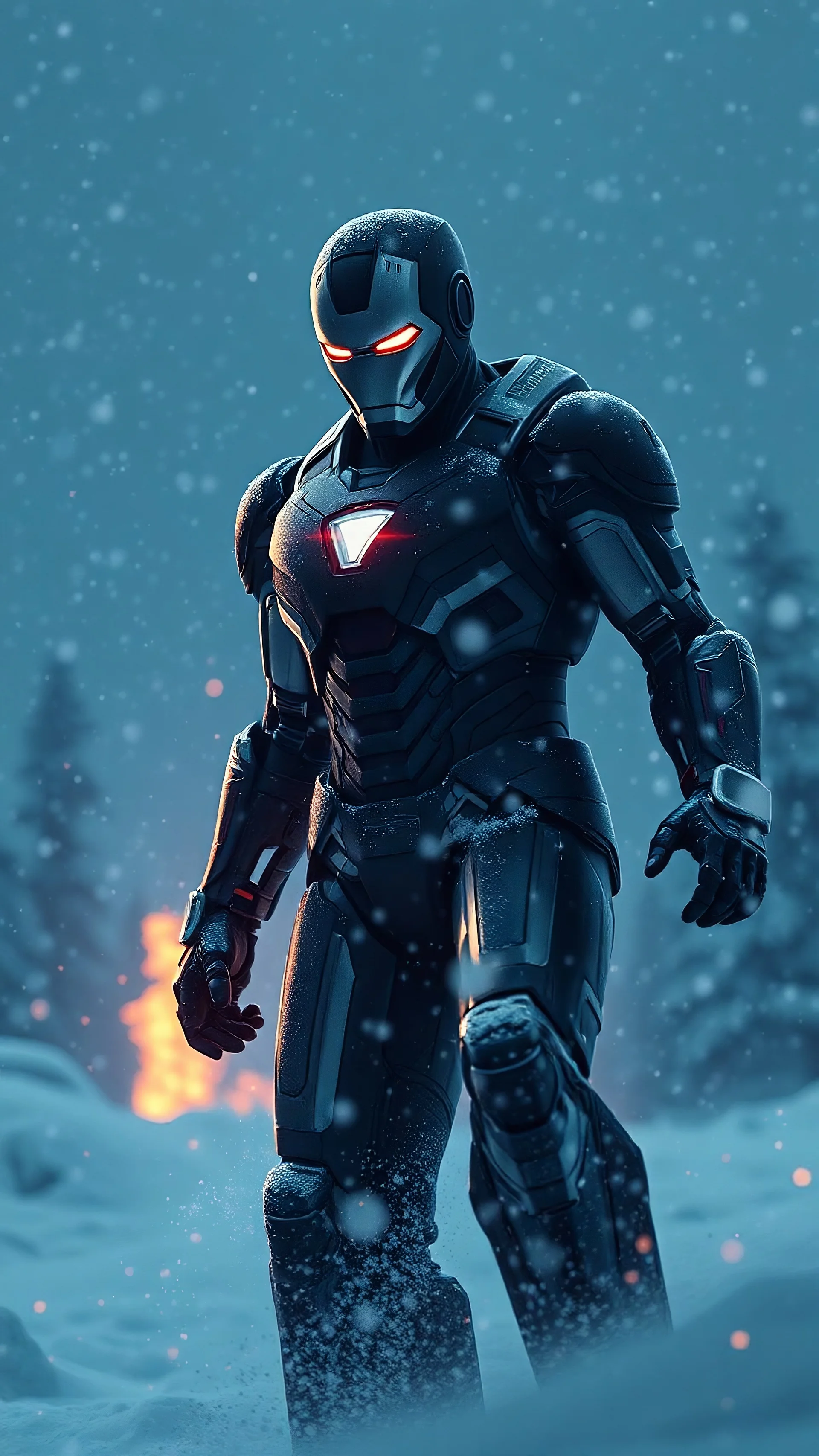 a ironman in snow, dark, black, cinematic, hyper detailed, high quality , 16K illustration, snow, fire