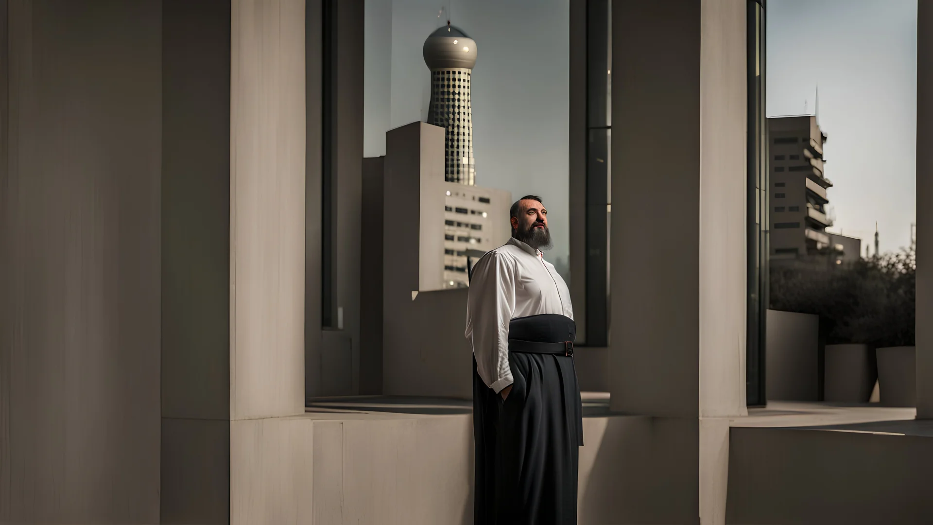 a Persian big man in a modern street in Tehran with a tower.