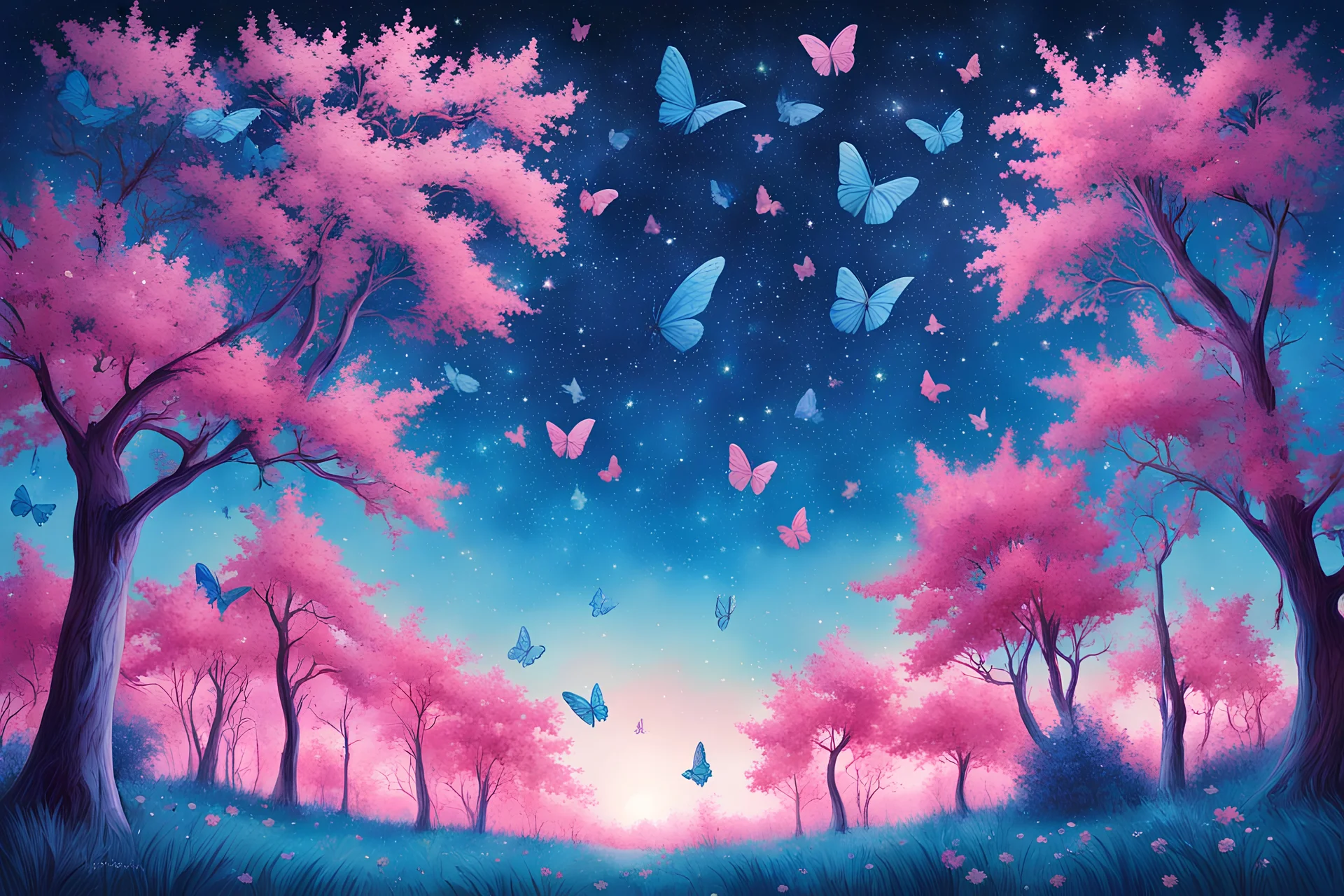 cielo stellato azzurro luminoso e chiaro con farfalle azzurre gialle e raggio luminoso verticale in paesaggio alberi rosa