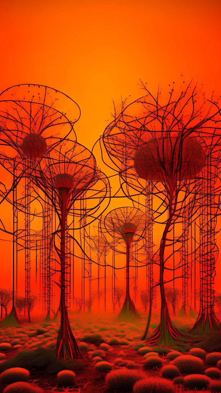 A garden of wired out of this world trees with light orange sky in style surreal