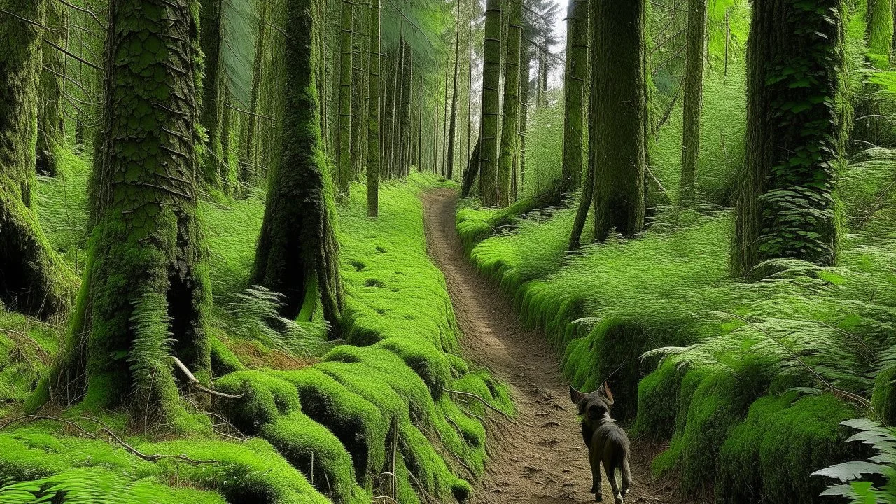 A dirt path winding through a dense forest with tall, thin trees on either side The path is lined with tall grass and moss-covered rocks. A small dog can be seen walking along the path.