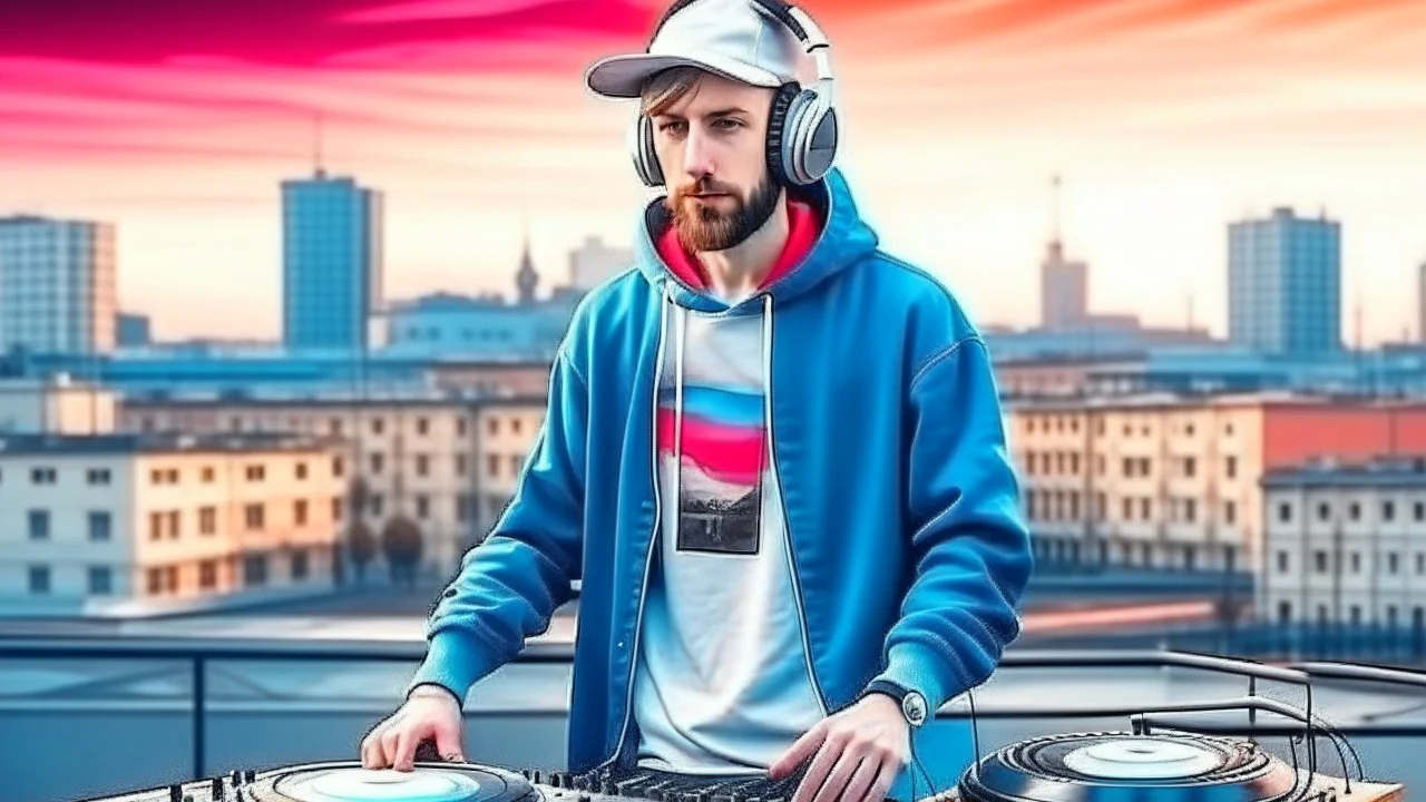 short beard man with cap, DJ play records, color sky ,at medeval city street background, full body