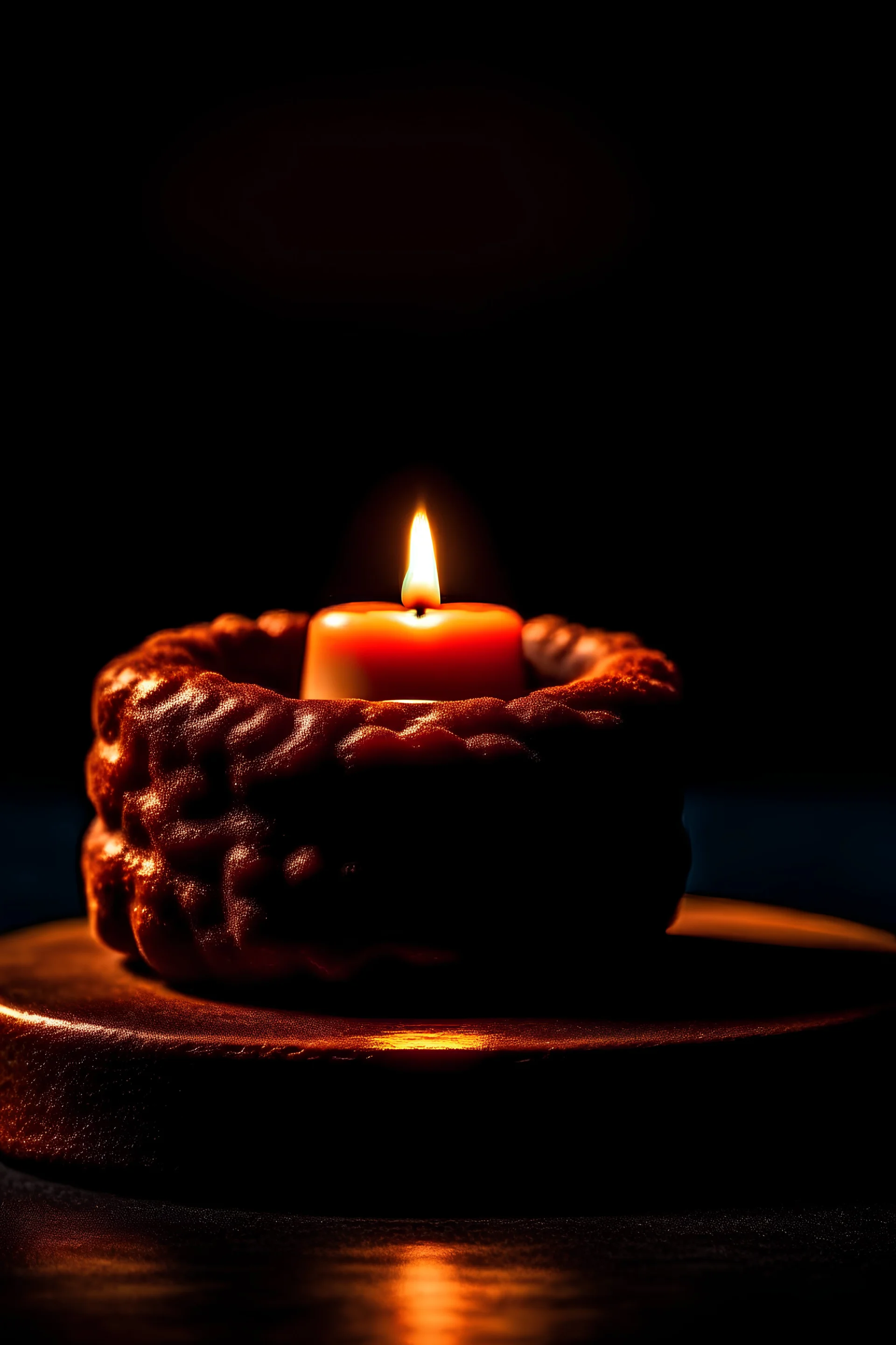 candle with brown color and texture of down jacket standing on a stone plate. Dark background. Realistick.