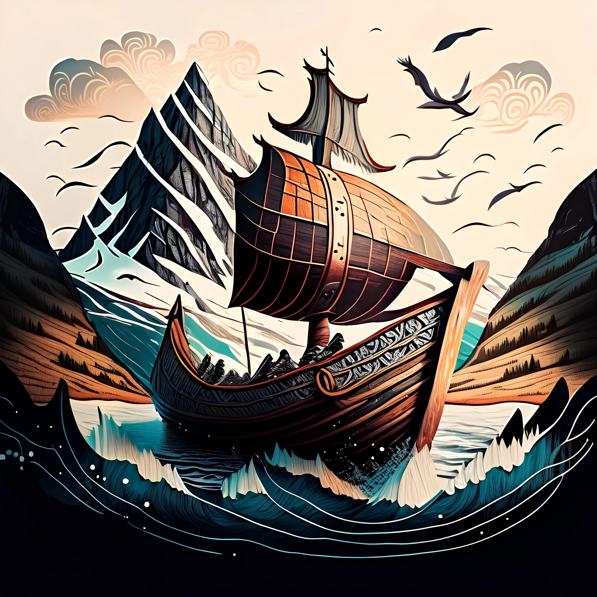 Generate an iconic Norwegian small rowing Viking ship transformed into an artistic masterpiece, with the ship serving as the canvas for creative expression. illustration of a Norwegian landscape in a unique, artistic style.