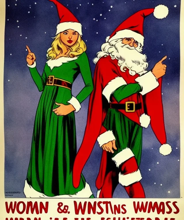 two elves. woman and man. stand apart. Christmas scene. poster. marvel comic.