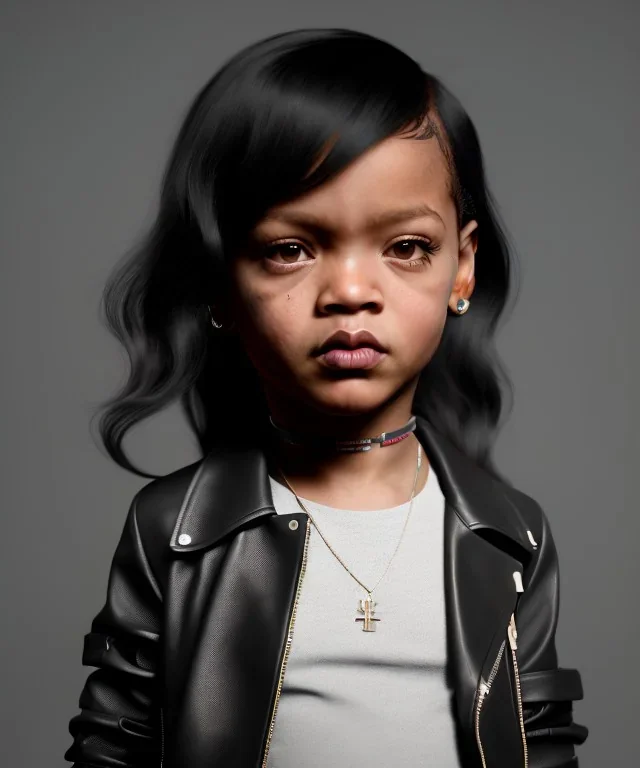 Rihanna toddler, full height, leather jacket, soft skin, dramatic lighting, hyper realistic