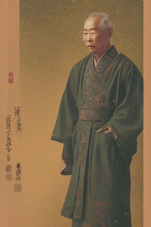 A man in old Japanese clothes is standing in nature while it is raining , winter rain,dramatic scene