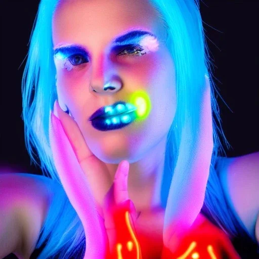 Female cyborg with glowing blue hair and neon nails